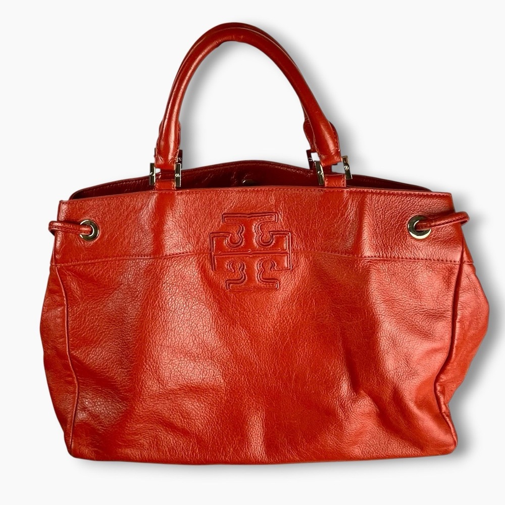 Tory Burch Stacked-T Orange Red Handbag Hobo Bag Pebbled Leather Gold Large